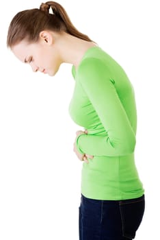 young woman with stomach issues,isolated on white