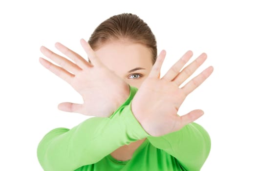 hold on,stop gesture showed that the young woman hands