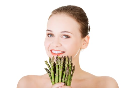 beautiful fit woman with asparagus,isolated on white