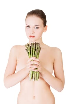 beautiful fit woman with asparagus,isolated on white