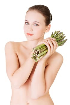 beautiful fit woman with asparagus,isolated on white