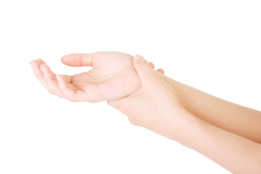 woman holding her hand - pain concept. isolated on white