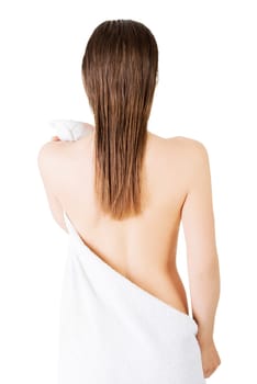 young beautiful nude woman with towel,isolated on white