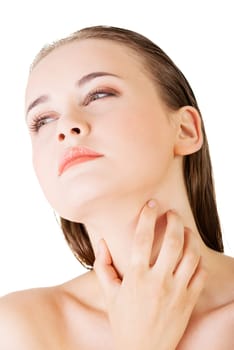 beautiful sensual young woman touching her neck,isolated on white
