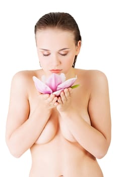 beauty face of the young beautiful woman with flower. girl on white background