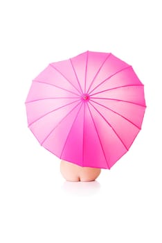 artistic shoot of beautiful nude woman under pink umbrella. isolated on white. feminism and woman health care concept.