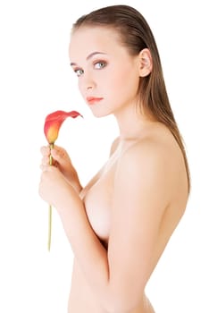 beauty face of the young beautiful woman with flower. girl on white background