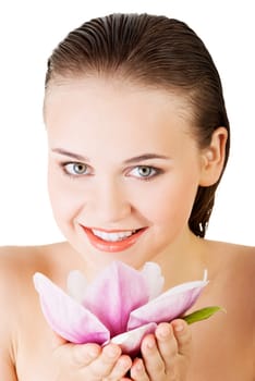 Beauty face of the young beautiful woman with flower. Girl on white background