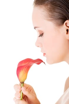 beauty face of the young beautiful woman with flower. girl on white background