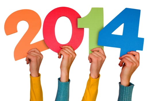 Hands with numbers shows year 2014. Isolated on white background