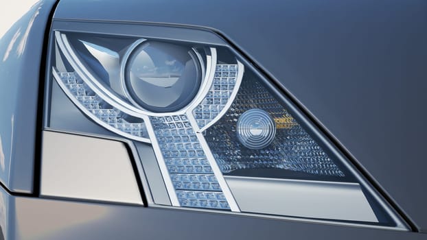 Modern powerful sports supercar headlights close-up