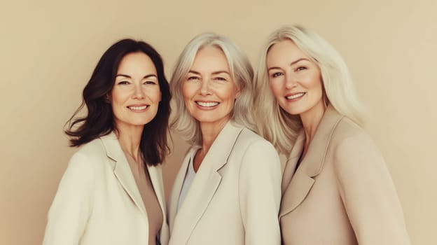Portrait of beautiful happy smiling mature women together, three attractive girlfriends together on beige studio background