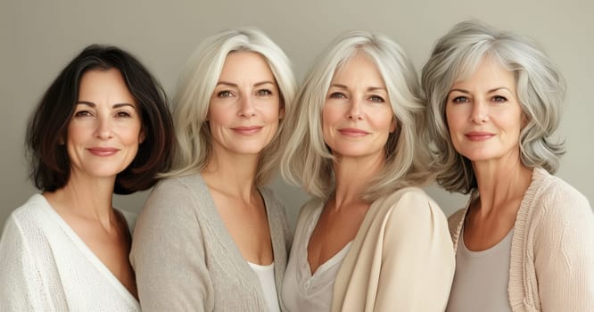 Portrait of beautiful happy smiling mature women together, four attractive girlfriends together on studio background