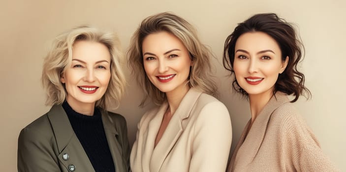 Portrait of beautiful happy smiling mature women together, three attractive girlfriends together on beige studio background