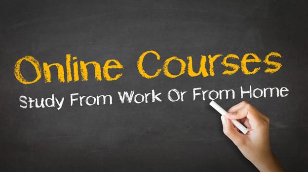 A person drawing and pointing at a Online Courses Chalk Illustration