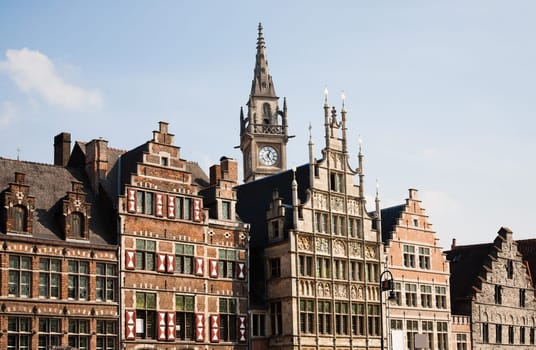 Facade of houses along the Graslei in Ghent, Belgium.