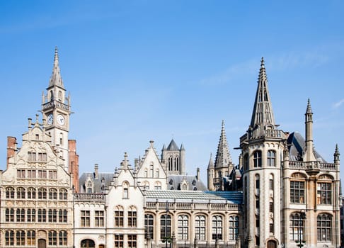 Facade of houses along the Graslei in Ghent, Belgium.