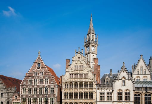 Facade of houses along the Graslei in Ghent, Belgium.
