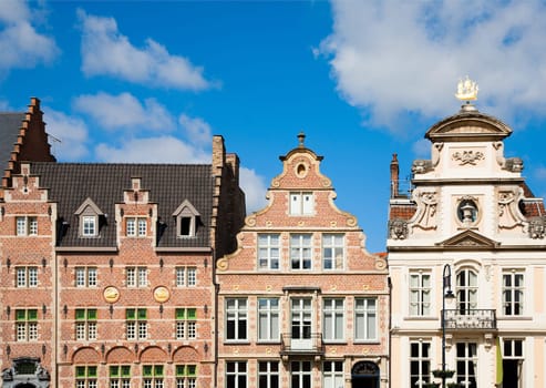 Facade of houses along the Graslei in Ghent, Belgium.