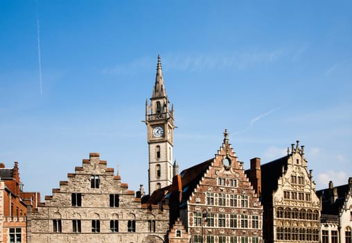 Facade of houses along the Graslei in Ghent, Belgium.