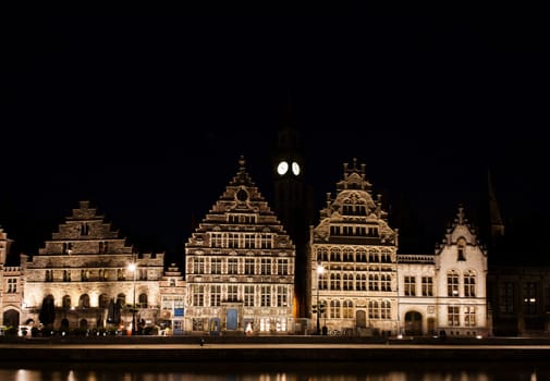 The Graslei in Ghent at night, Belgium.
