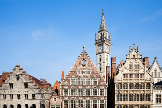 Facade of houses along the Graslei in Ghent, Belgium.