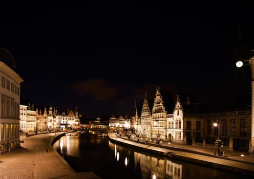 The Graslei in Ghent at night, Belgium.