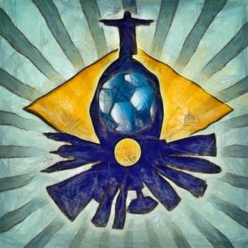 Expressionistic drawing - Rio de Janeiro skylina with flag and ball