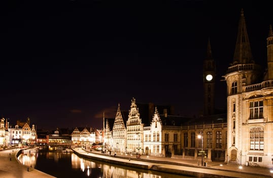 The Graslei in Ghent at night, Belgium.