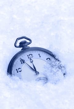 Pocket watch in snow, Happy New Year greeting card
