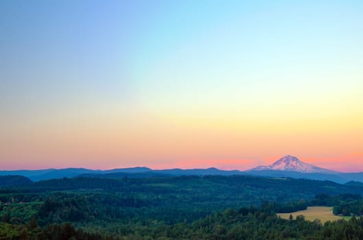Wide angle view of Mount Hood at sunset