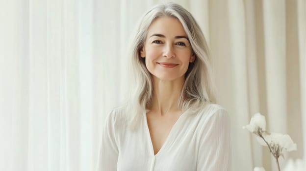 Portrait of beautiful happy smiling mature woman looking at camera standing in white room at home, toothy smile