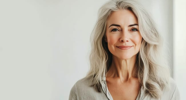 Portrait of beautiful happy smiling mature woman looking at camera standing in white room at home, toothy smile