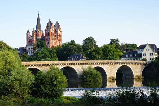 View of the old Lahn bridge and cathedral in Limburg