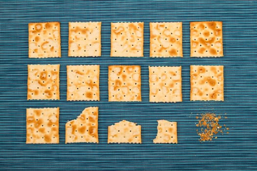 Lots of salted crackers and ones bitten, background.