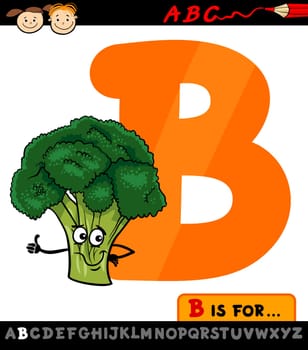 Cartoon Illustration of Capital Letter B from Alphabet with Broccoli Vegetable for Children Education