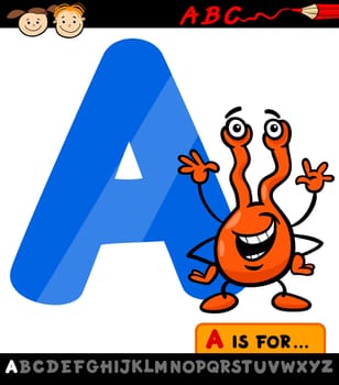 Cartoon Illustration of Capital Letter A from Alphabet with Alien for Children Education