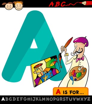 Cartoon Illustration of Capital Letter A from Alphabet with Artist for Children Education