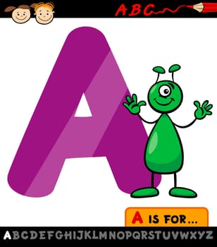 Cartoon Illustration of Capital Letter A from Alphabet with Alien for Children Education