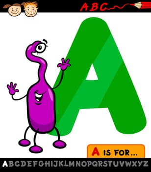 Cartoon Illustration of Capital Letter A from Alphabet with Alien for Children Education