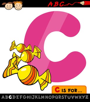 Cartoon Illustration of Capital Letter C from Alphabet with Candy for Children Education