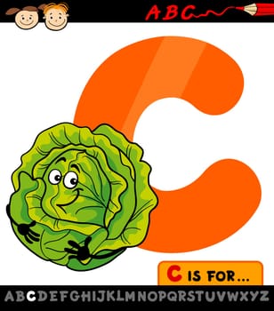 Cartoon Illustration of Capital Letter C from Alphabet with Cabbage for Children Education