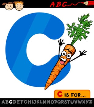 Cartoon Illustration of Capital Letter C from Alphabet with Carrot for Children Education