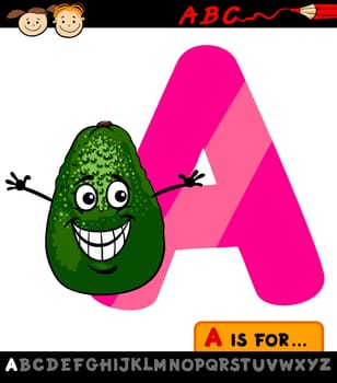 Cartoon Illustration of Capital Letter A from Alphabet with Avocado Fruit for Children Education