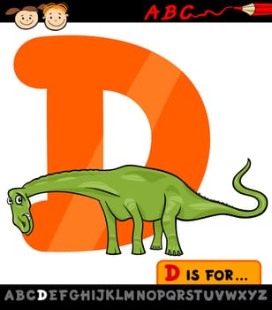 Cartoon Illustration of Capital Letter D from Alphabet with Dinosaur for Children Education