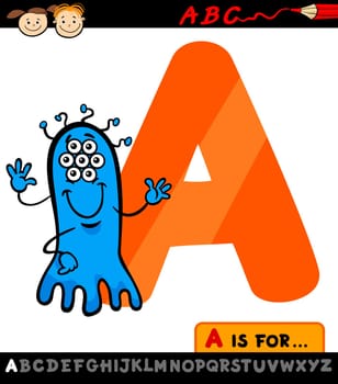 Cartoon Illustration of Capital Letter A from Alphabet with Alien for Children Education