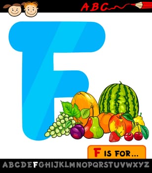 Cartoon Illustration of Capital Letter F from Alphabet with Fruits for Children Education