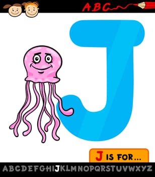 Cartoon Illustration of Capital Letter J from Alphabet with Jellyfish for Children Education