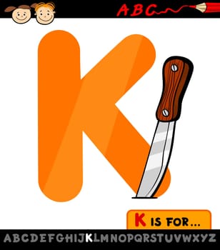 Cartoon Illustration of Capital Letter K from Alphabet with Knife for Children Education