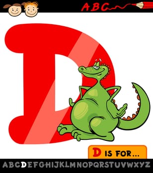 Cartoon Illustration of Capital Letter D from Alphabet with Dragon for Children Education